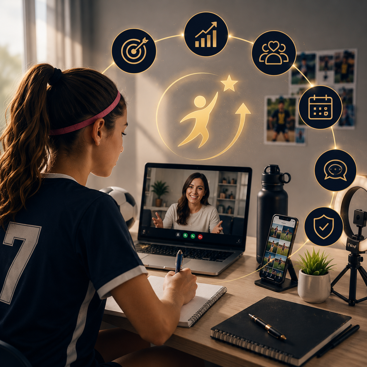 Person sitting at a desk with a laptop, smartphone, and various icons above their head.